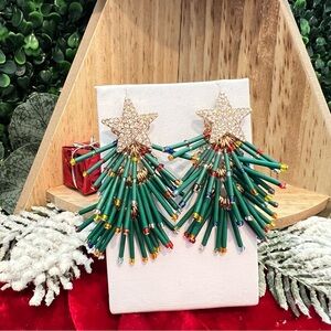 New | Green Beaded Christmas Tree Earrings | Holiday Accessories